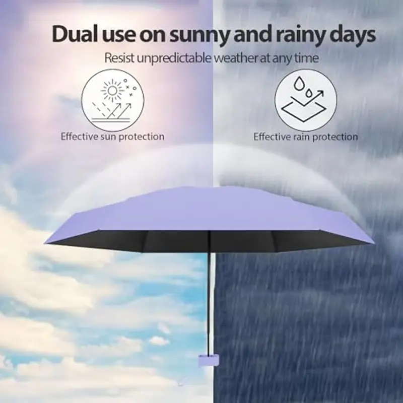 Ombrello Piccolo, Mini Ombrello Tascabile, Ombrello Da Viaggio Da Viaggio Pioggia e Sole Piccolo Compatto Ombrello Da Donna Piccolo Ombrello Anti-Uv Per Pioggia?Viola miniatura 3