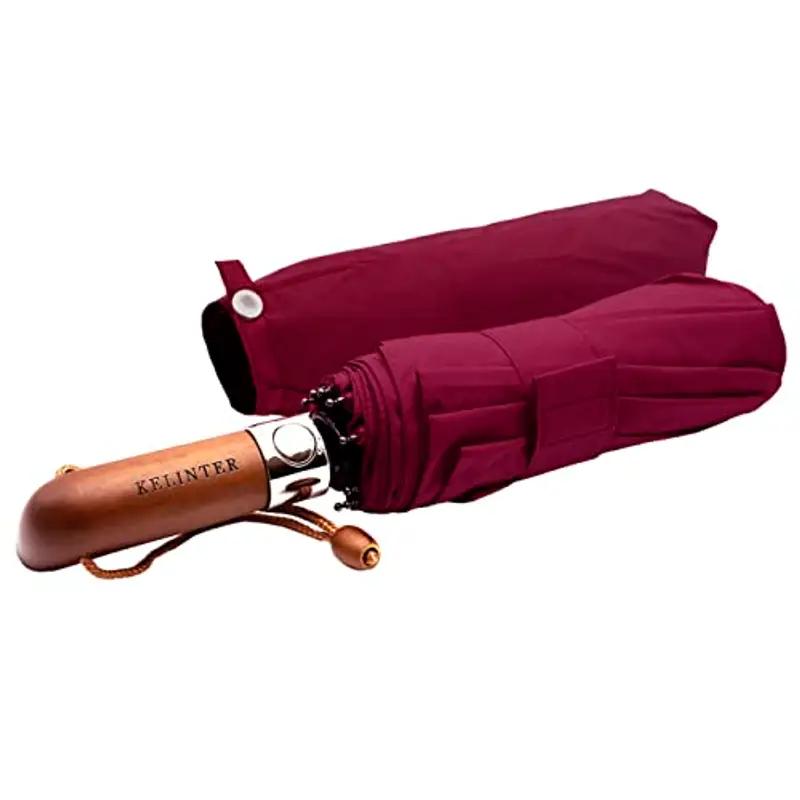 Ombrello Pieghevole Automatico - 10 Steli Rinforzati, Teflon 300T, Antivento, Manico in Legno Ergonomico, Compatto 480g