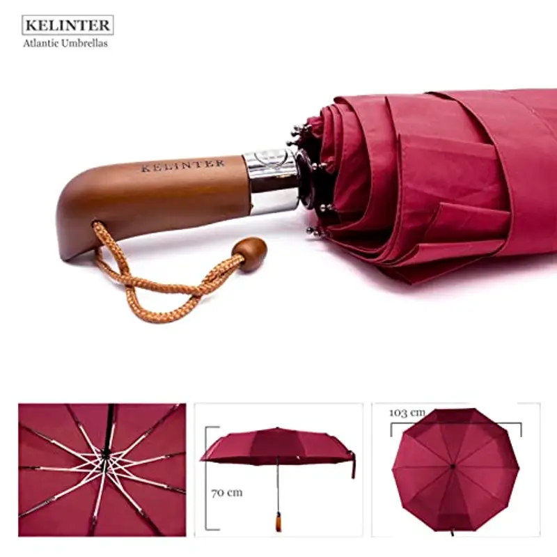 Ombrello Pieghevole Automatico - 10 Steli Rinforzati, Teflon 300T, Antivento, Manico in Legno Ergonomico, Compatto 480g miniatura 3