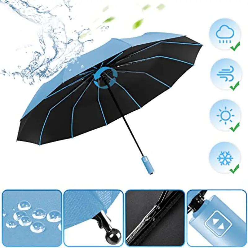 Ombrello Pieghevole Automatico, Ombrello Antivento Portatile, Ombrello Grande da Pioggia 12 Stecche Rinforzate per Uomo Donna, Diametro 105cm (Azzurro) miniatura 2