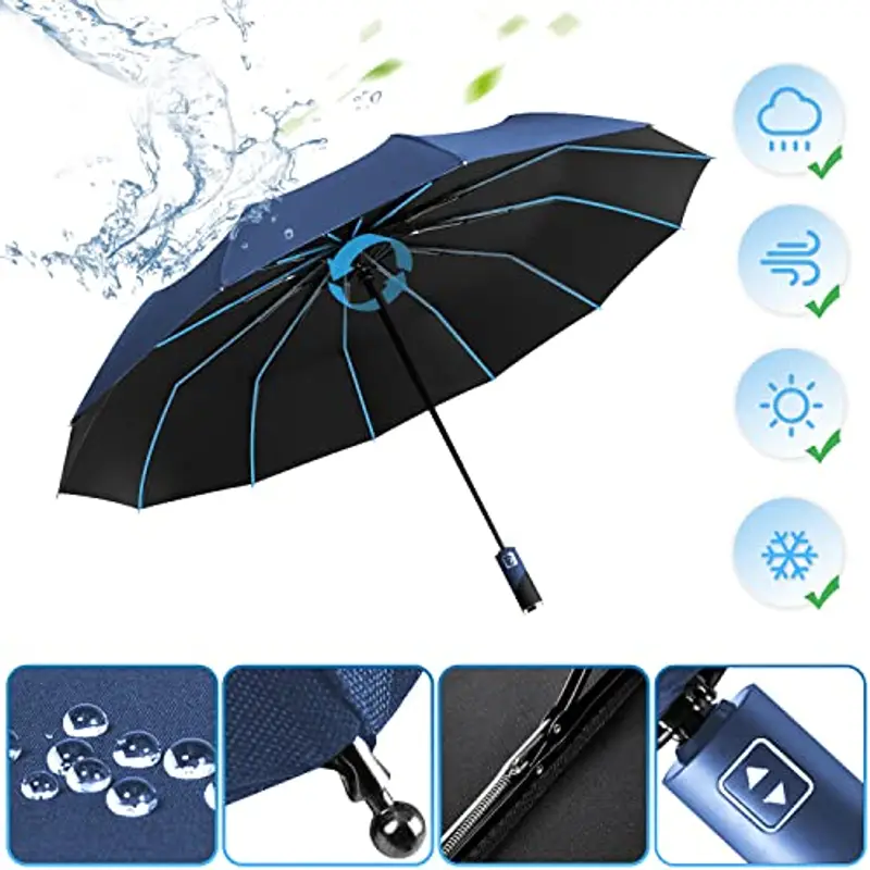 Ombrello Pieghevole Automatico, Ombrello Antivento Portatile, Ombrello Grande da Pioggia 12 Stecche Rinforzate per Uomo Donna, Diametro 105cm (Blu) miniatura 2
