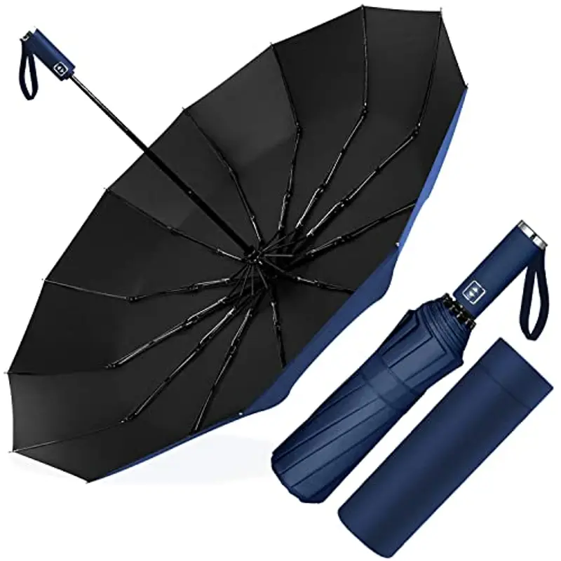 Ombrello Pieghevole Automatico, Ombrello Antivento Portatile, Ombrello Grande da Pioggia 12 Stecche Rinforzate per Uomo Donna, Diametro 105cm (Blu scuro)