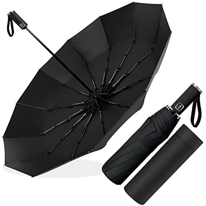 Ombrello Pieghevole Automatico, Ombrello Antivento Portatile, Ombrello Grande da Pioggia 12 Stecche Rinforzate per Uomo Donna, Diametro 105cm (Nero)