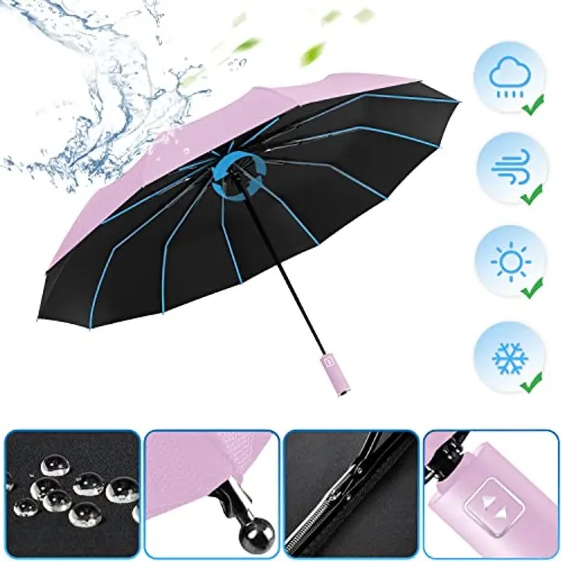 Ombrello Pieghevole Automatico, Ombrello Antivento Portatile, Ombrello Grande da Pioggia 12 Stecche Rinforzate per Uomo Donna, Diametro 105cm (Rosa) miniatura 2