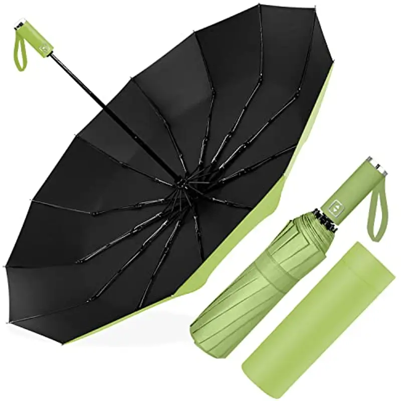Ombrello Pieghevole Automatico, Ombrello Antivento Portatile, Ombrello Grande da Pioggia 12 Stecche Rinforzate per Uomo Donna, Diametro 105cm (Verde)