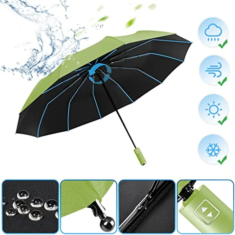 Ombrello Pieghevole Automatico, Ombrello Antivento Portatile, Ombrello Grande da Pioggia 12 Stecche Rinforzate per Uomo Donna, Diametro 105cm (Verde) miniatura 2