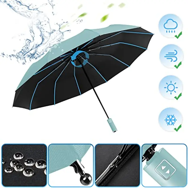 Ombrello Pieghevole Automatico, Ombrello Antivento Portatile, Ombrello Grande da Pioggia 12 Stecche Rinforzate per Uomo Donna, Diametro 105cm (Verde Menta) miniatura 2