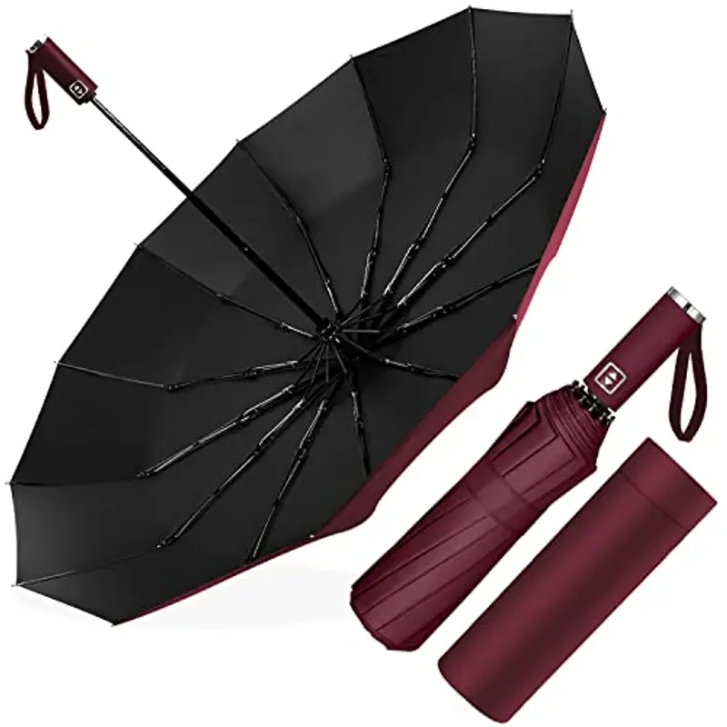 Ombrello Pieghevole Automatico, Ombrello Antivento Portatile, Ombrello Grande da Pioggia 12 Stecche Rinforzate per Uomo Donna, Diametro 105cm (Vino Rosso)