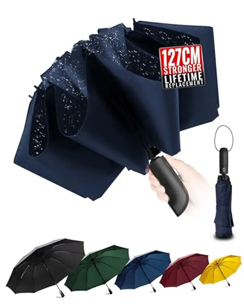 Ombrello pieghevole compatto anti-tempesta - Ombrello antivento automatico blu per uomo, rivestimento in Tessuto 210T, ombrello inverso da 105 cm, ombrello da pioggia grande 10 ossa Regali di Natale