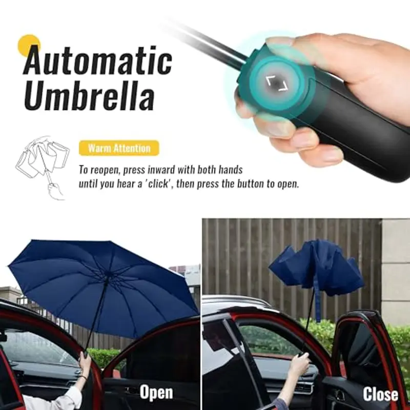 Ombrello pieghevole compatto anti-tempesta - Ombrello antivento automatico blu per uomo, rivestimento in Tessuto 210T, ombrello inverso da 105 cm, ombrello da pioggia grande 10 ossa Regali di Natale miniatura 3
