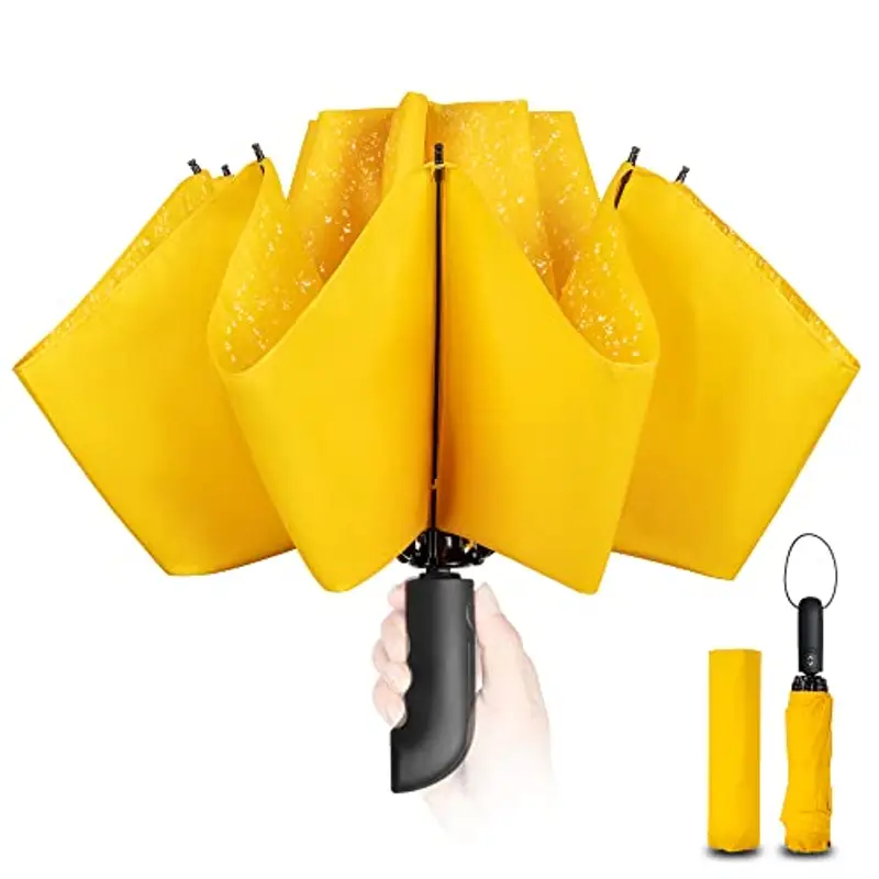 Ombrello pieghevole compatto anti-tempesta-Ombrello antivento automatico giallo per uomo, rivestimento in Tessuto 210T, ombrello inverso da 105 cm, ombrello da pioggia grande 10 ossa Regali di Natale