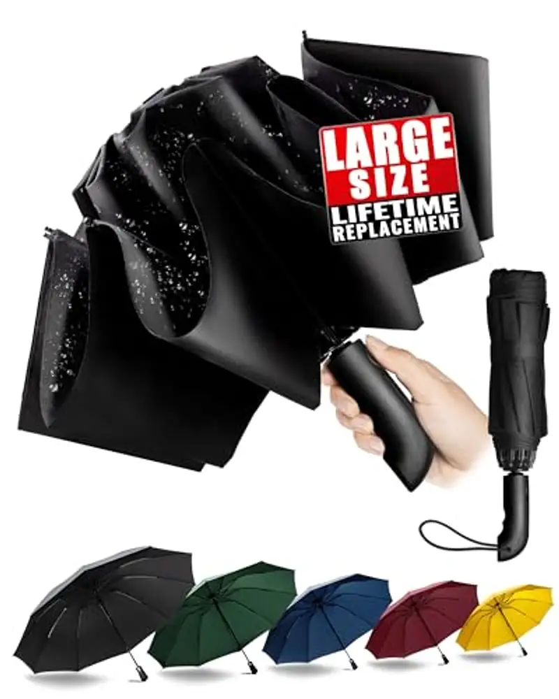Ombrello pieghevole compatto anti-tempesta - Ombrello antivento automatico nero per uomo, rivestimento in Tessuto 210T, ombrello inverso da 105 cm, ombrello da pioggia grande 10 ossa Regali di Natale