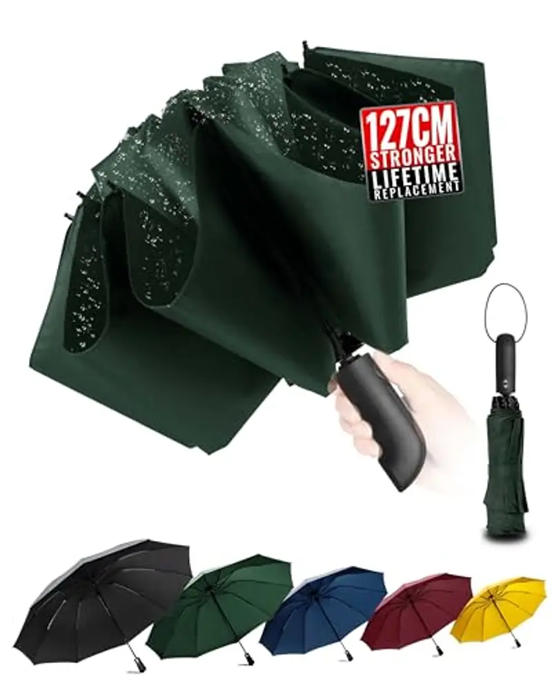 Ombrello pieghevole compatto anti-tempesta - Ombrello antivento automatico verde per uomo, rivestimento in Tessuto 210T, ombrello inverso da 105 cm, ombrello da pioggia grande 10 ossa Regali di Natale