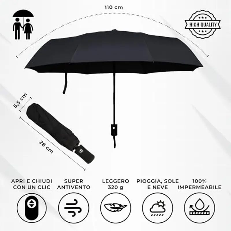Ombrello pieghevole I apertura e chiusura automatica I resistente al vento, impermeabile e compatto I ombrello da viaggio leggero con manico antiscivolo I perfetto per uomo e donna I Drytogo miniatura 2