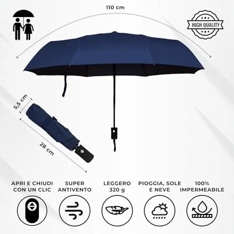 Ombrello pieghevole I apertura e chiusura automatica I resistente al vento, impermeabile e compatto I ombrello da viaggio leggero con manico antiscivolo I perfetto per uomo e donna I Drytogo miniatura 2