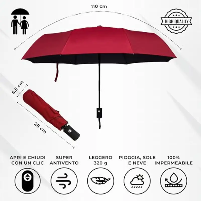 Ombrello pieghevole I apertura e chiusura automatica I resistente al vento, impermeabile e compatto I ombrello da viaggio leggero con manico antiscivolo I perfetto per uomo e donna I Drytogo miniatura 2