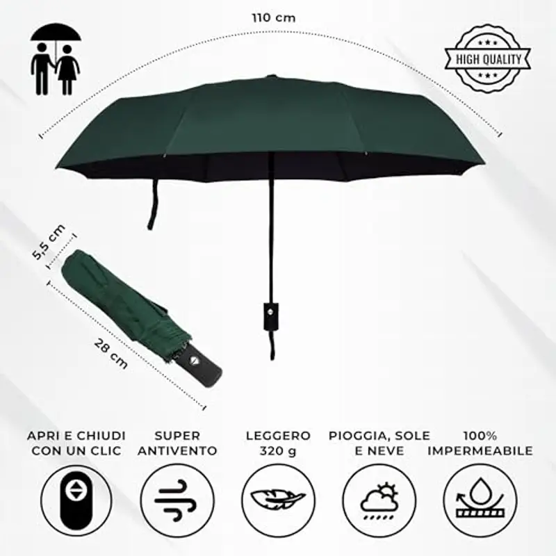 Ombrello pieghevole I apertura e chiusura automatica I resistente al vento, impermeabile e compatto I ombrello da viaggio leggero con manico antiscivolo I perfetto per uomo e donna I Drytogo miniatura 2