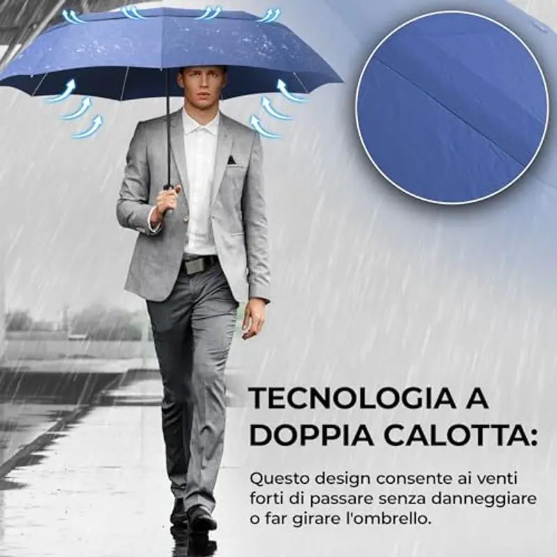 Ombrello Pieghevole Portatile Antivento da Borsa - Apri Chiudi Automatico, Teflon, 9 Stecche Rinforzate | Resistente Compatto Auto Robusto Classico Mini Viaggio Business Città Ufficio Uomo Donna, Blu miniatura 2