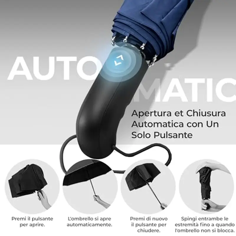 Ombrello Pieghevole Portatile Antivento da Borsa - Apri Chiudi Automatico, Teflon, 9 Stecche Rinforzate | Resistente Compatto Auto Robusto Classico Mini Viaggio Business Città Ufficio Uomo Donna, Blu miniatura 3