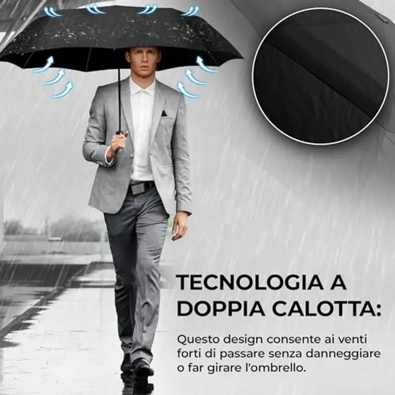 Ombrello Pieghevole Portatile Antivento da Borsa - Apri Chiudi Automatico, Teflon, 9 Stecche Rinforzate | Resistente Compatto Auto Robusto Classico Mini Viaggio Business Città Ufficio Uomo Donna, Nero miniatura 2