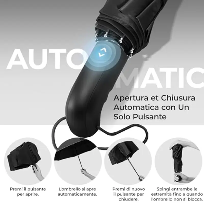 Ombrello Pieghevole Portatile Antivento da Borsa - Apri Chiudi Automatico, Teflon, 9 Stecche Rinforzate | Resistente Compatto Auto Robusto Classico Mini Viaggio Business Città Ufficio Uomo Donna, Nero miniatura 3