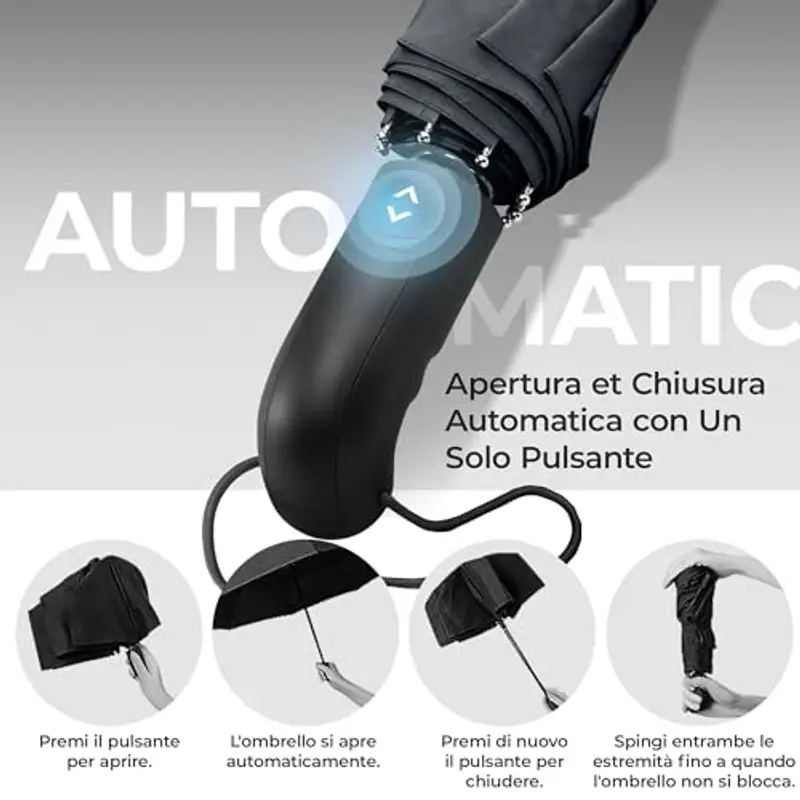 Ombrello Pieghevole Portatile Antivento da Borsa - Apri Chiudi Automatico, Teflon, 9 Stecche Rinforzate | Resistente Compatto Auto Robusto Classico Viaggio Business Città Ufficio Uomo Donna, Grigio miniatura 3