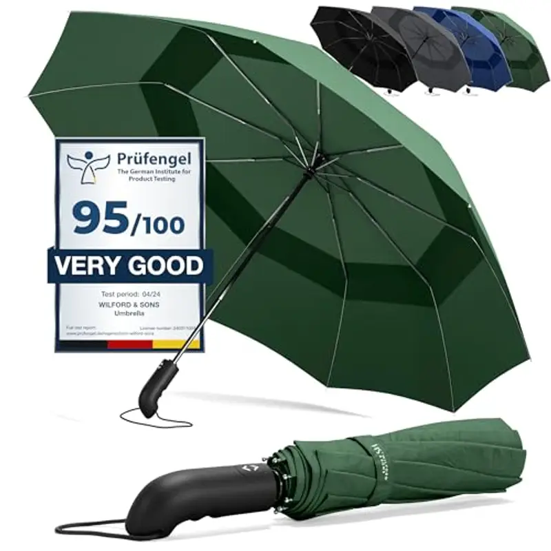 Ombrello Pieghevole Portatile Antivento da Borsa - Apri Chiudi Automatico, Teflon, 9 Stecche Rinforzate | Resistente Compatto Auto Robusto Classico Viaggio Business Città Ufficio Uomo Donna, Verde