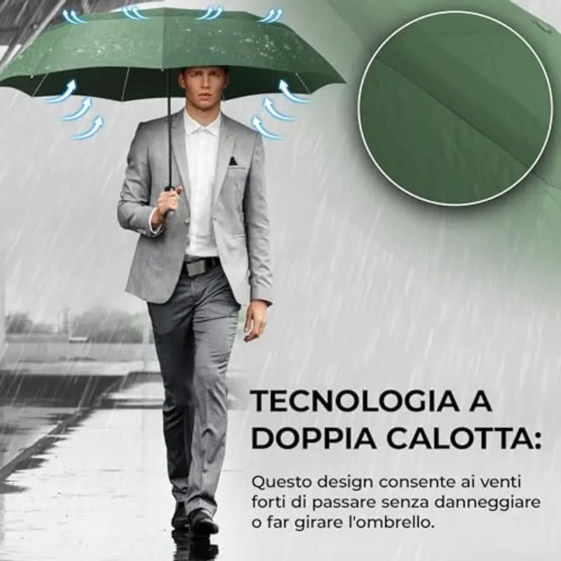 Ombrello Pieghevole Portatile Antivento da Borsa - Apri Chiudi Automatico, Teflon, 9 Stecche Rinforzate | Resistente Compatto Auto Robusto Classico Viaggio Business Città Ufficio Uomo Donna, Verde miniatura 2