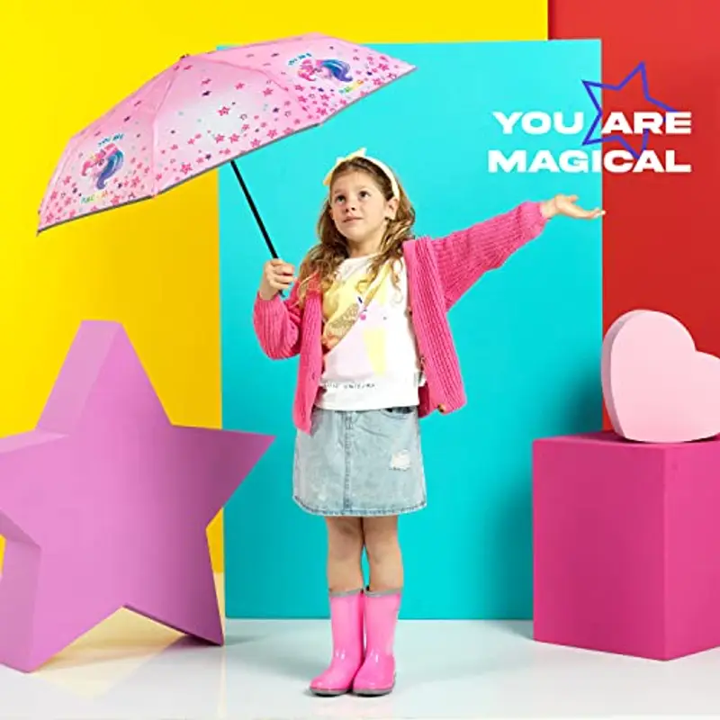 Ombrello Pieghevole Rosa con Stampa Unicorno per Bambina - Portatile con Stelle Colorate per Bimba - Ombrellino miniatura 2