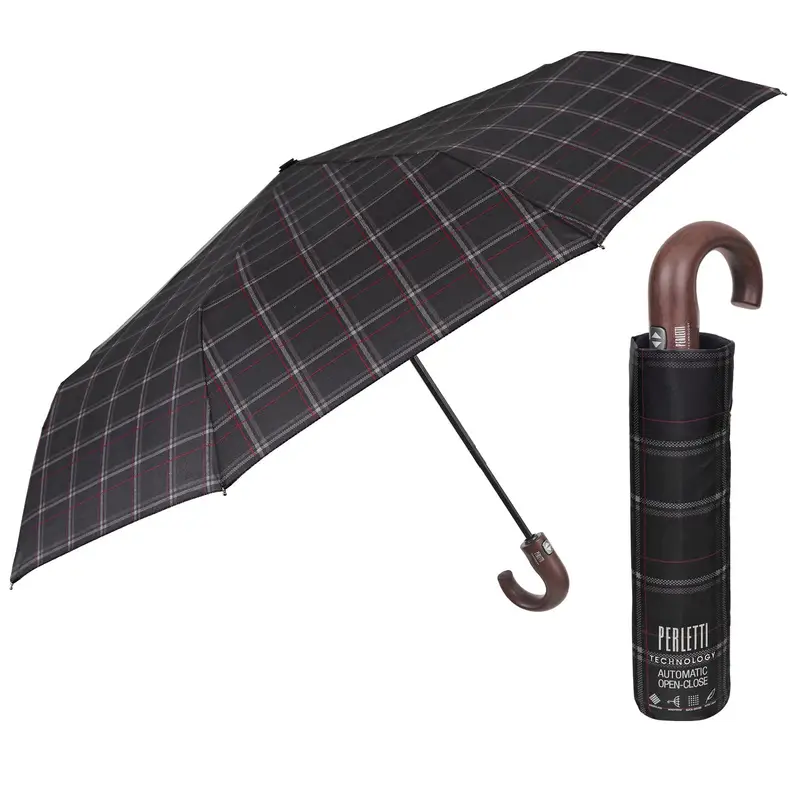 Ombrello Technology Apri e Chiudi Tartan con Manico Curvo