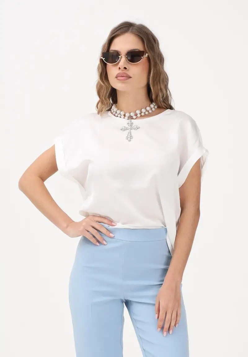 Blusa a manica corta bianca da donna miniatura 2