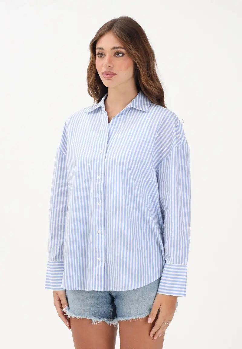 Camicia a manica lunga azzurra e bianca da donna con motivo a righe e ricamo sul retro