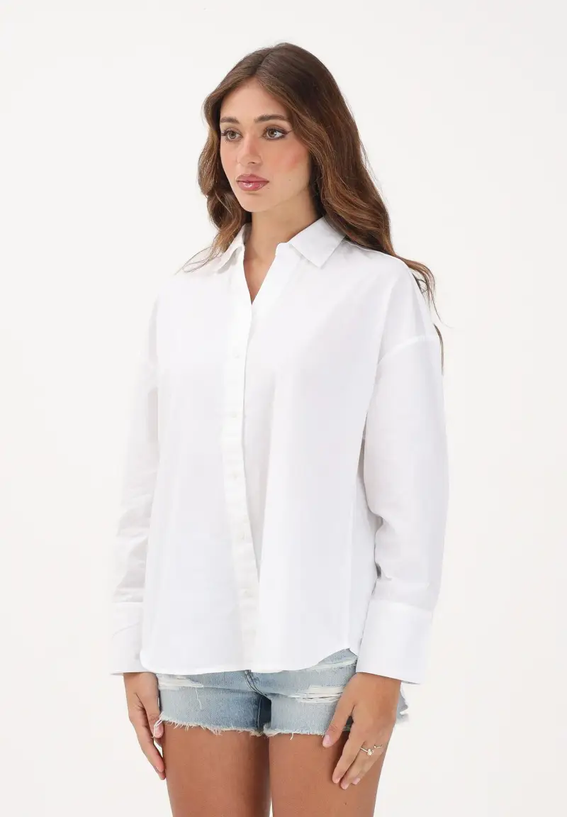 Camicia a manica lunga bianca da donna con ricamo sul retro