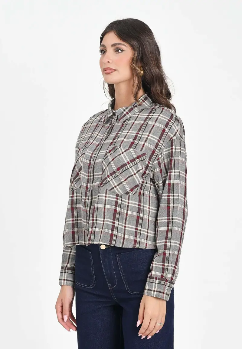 ONLY Camicia a manica lunga da donna con fantasia a quadri nei toni del grigio, bordeaux e panna