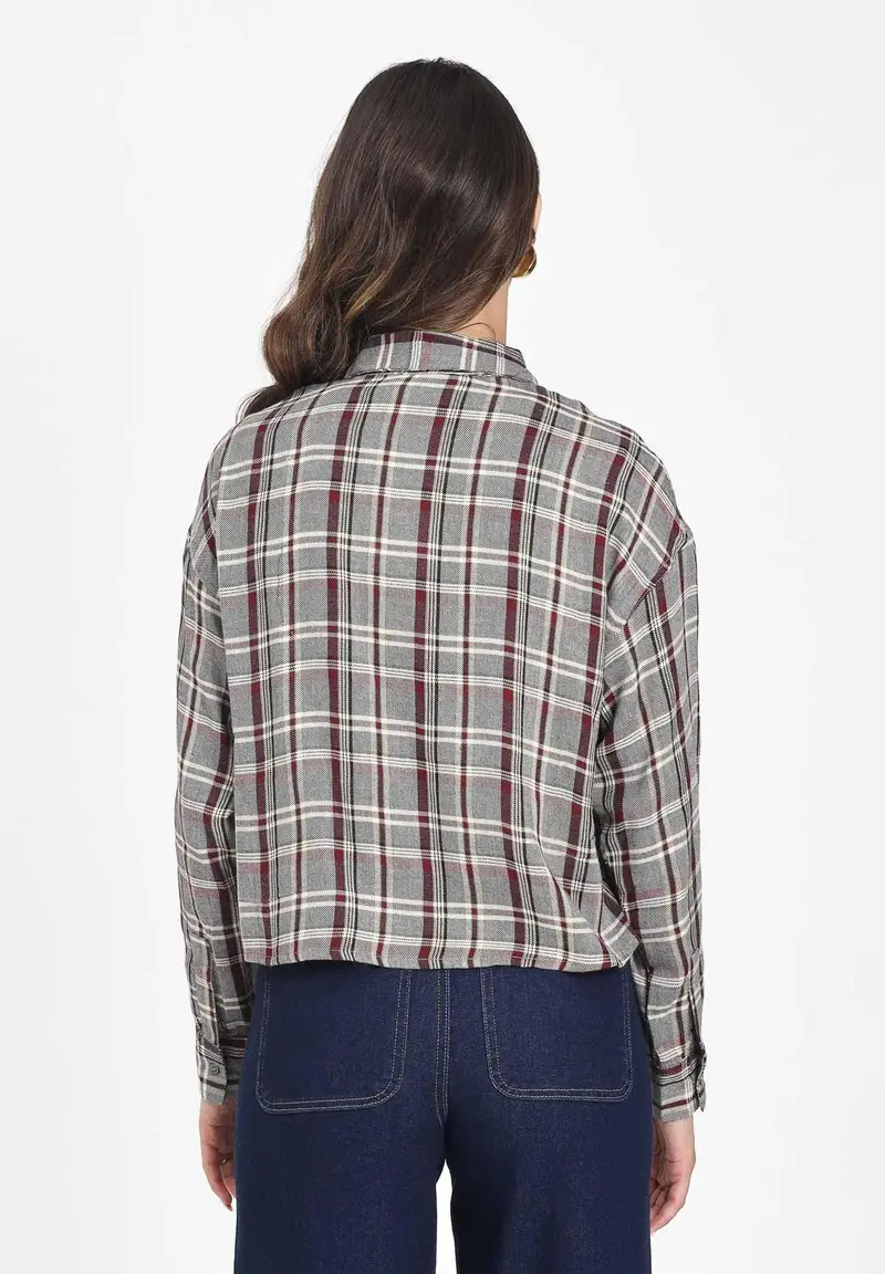 ONLY Camicia a manica lunga da donna con fantasia a quadri nei toni del grigio, bordeaux e panna miniatura 3