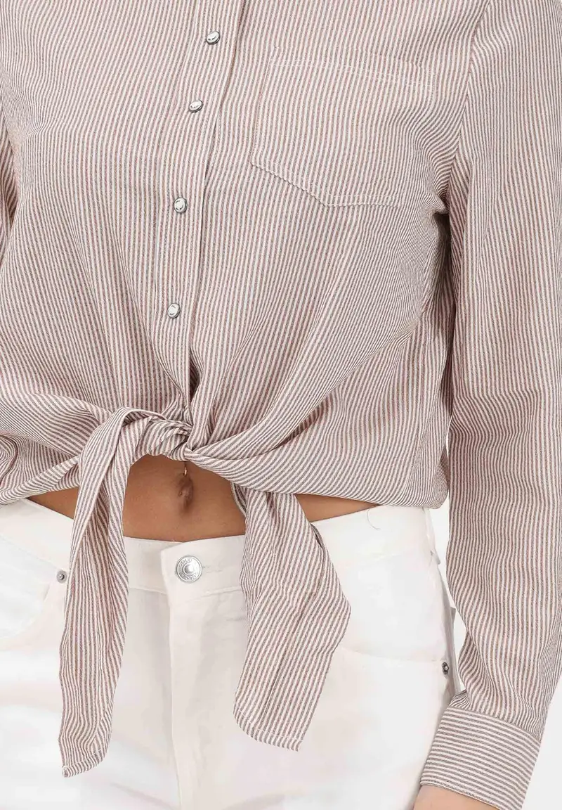 Camicia a manica lunga marrone da donna con sottili righe e taschino miniatura 3