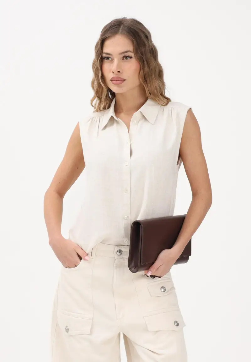Camicia smanicata beige da donna miniatura 2