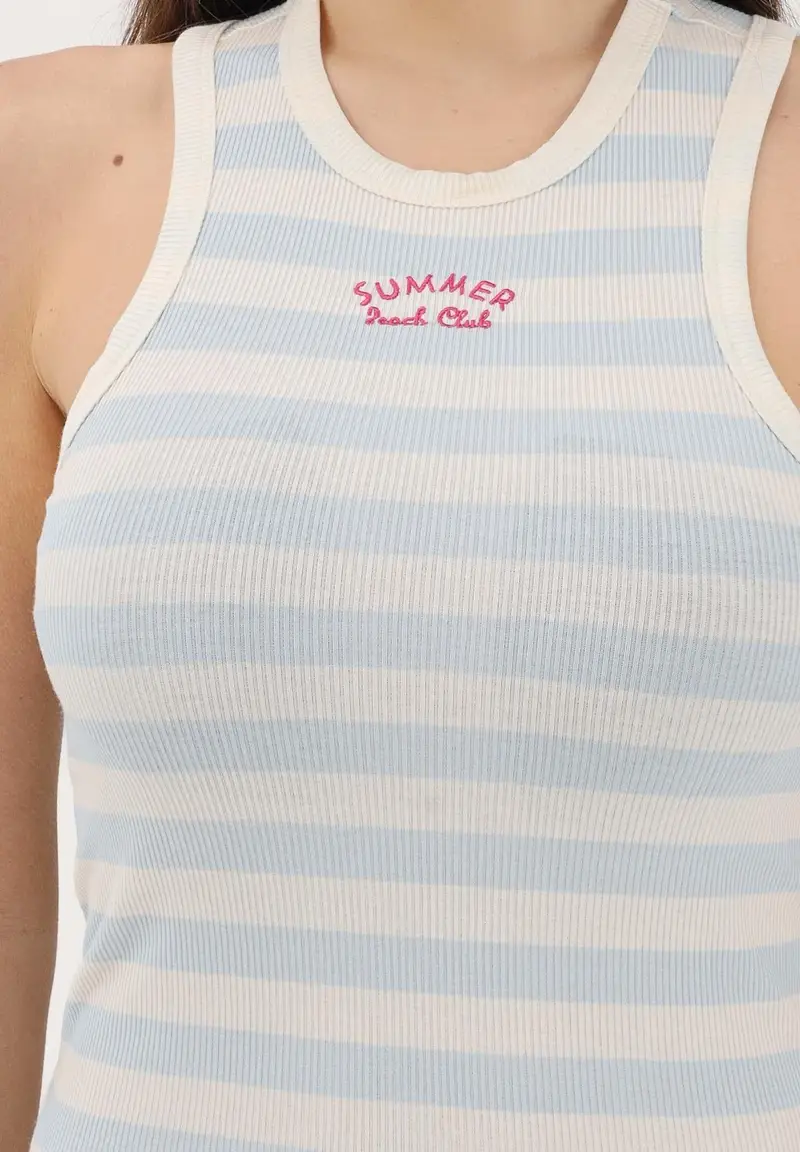 Canotta a righe panna e azzurra da donna con ricamo miniatura 3