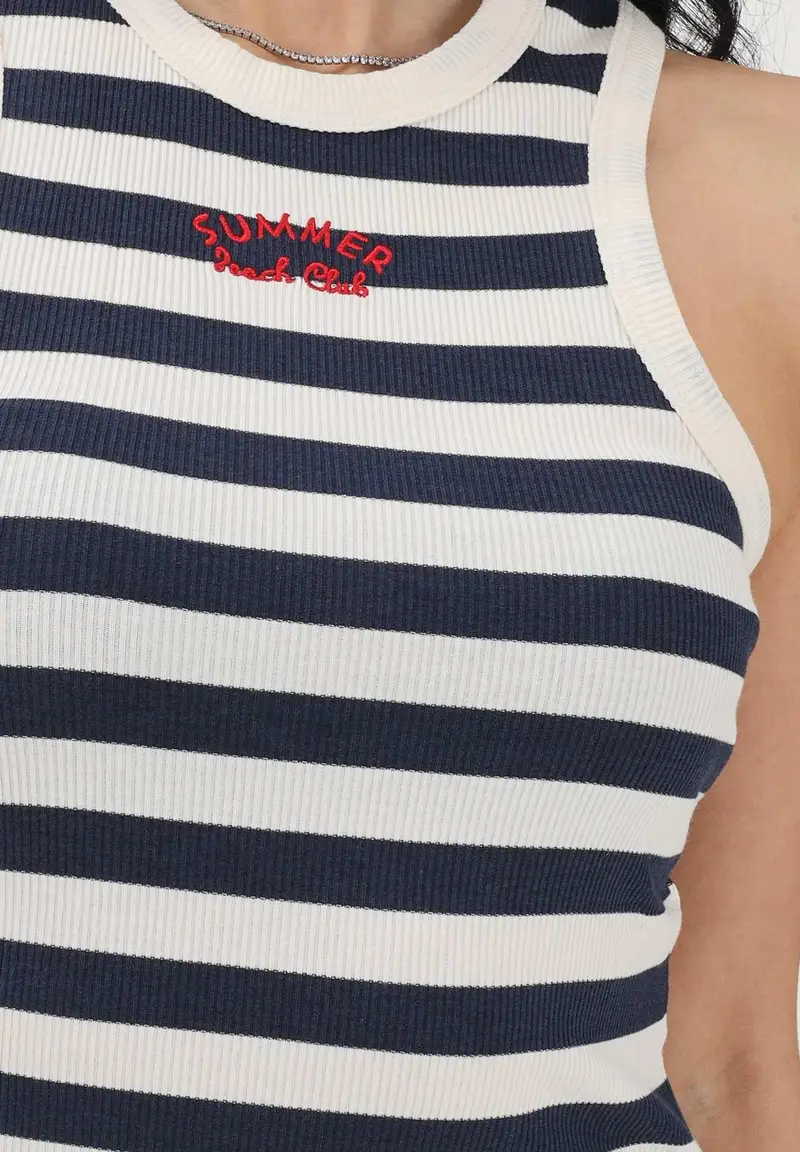 Canotta a righe panna e blu da donna con ricamo miniatura 3