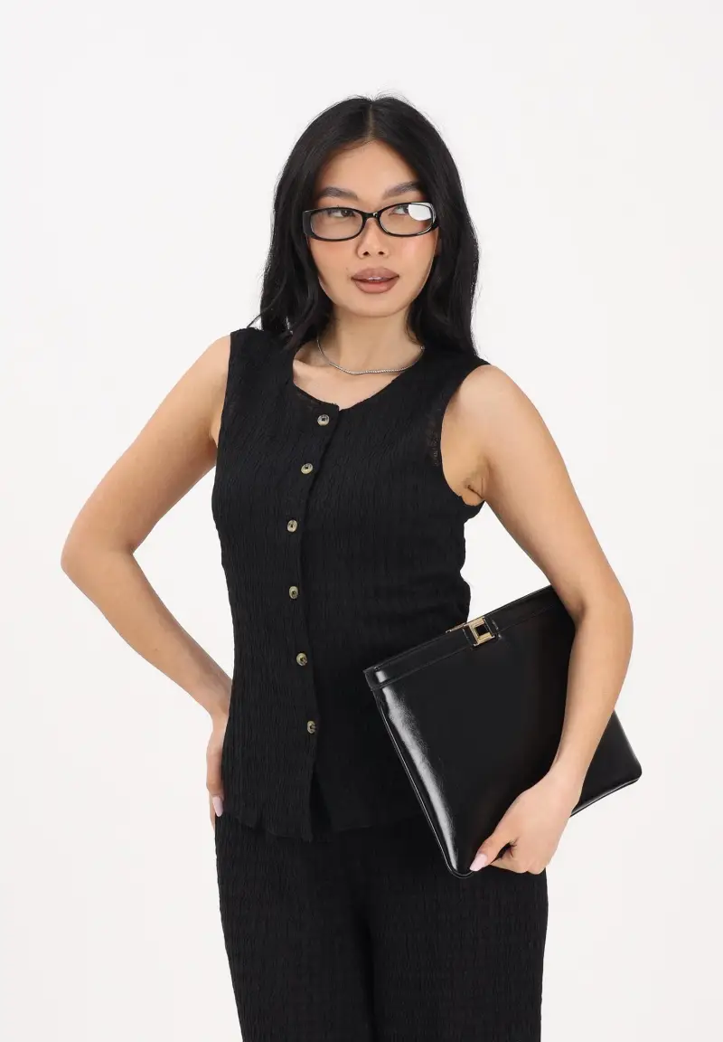 Canotta nera da donna in tessuto leggermente goffrato miniatura 2