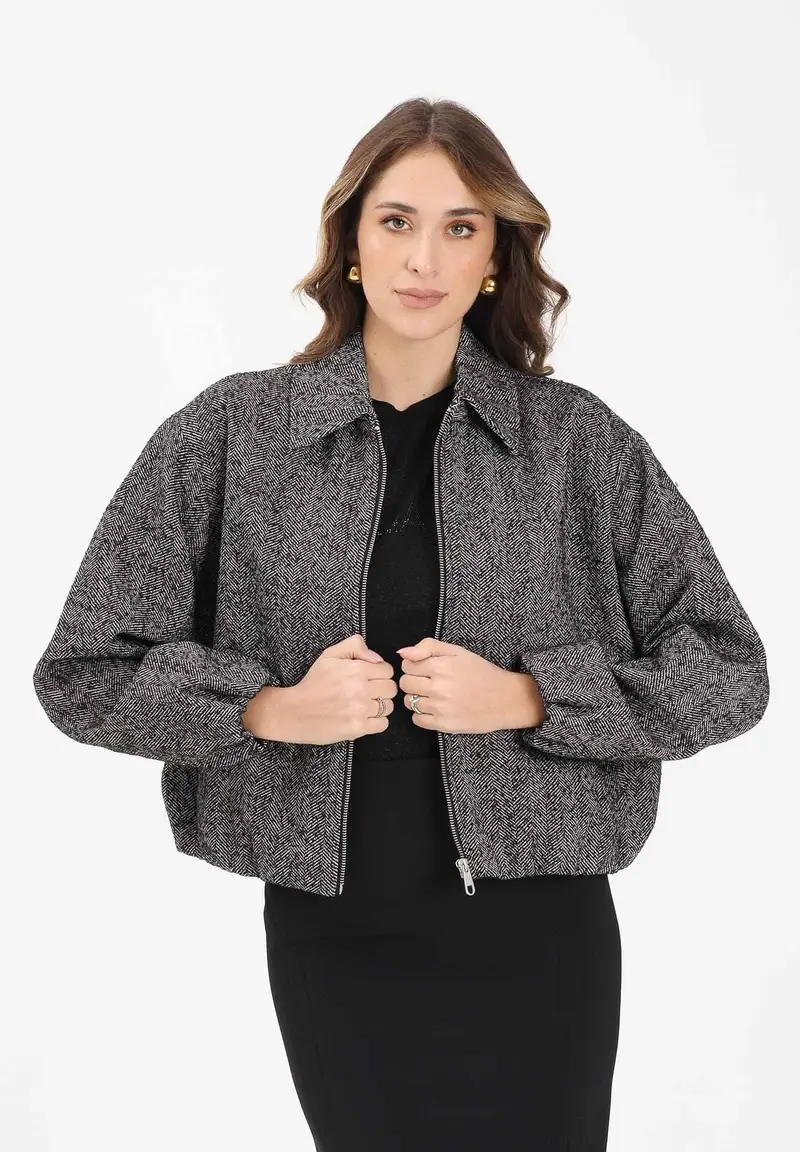 Cappottino bianco e nero da donna con fantasia spigata miniatura 2