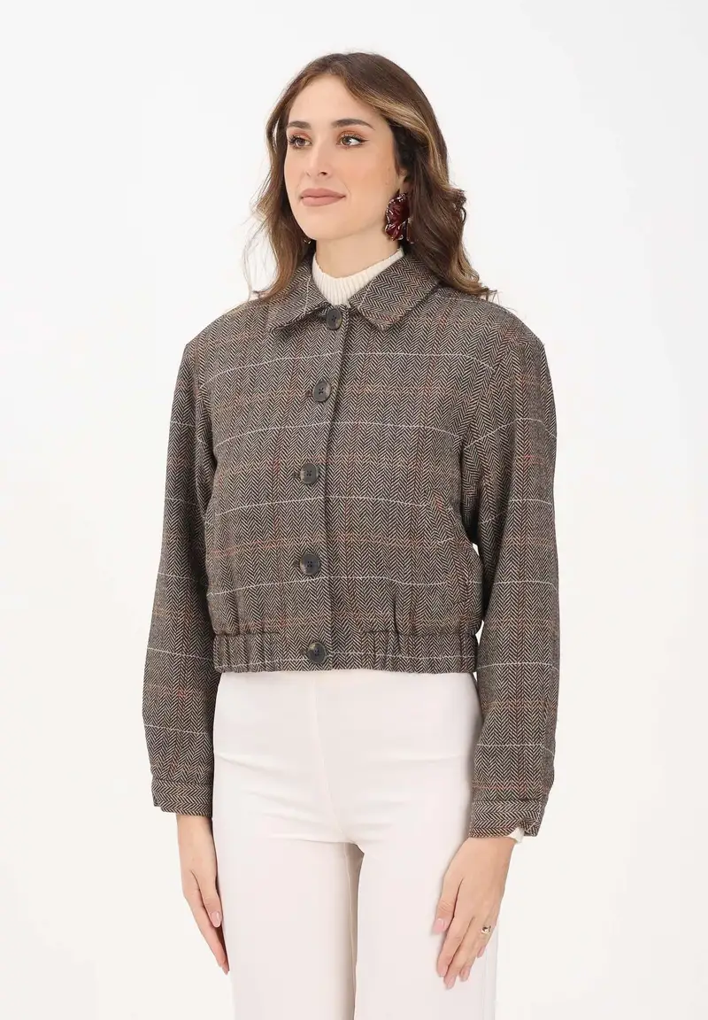 Cappottino da donna con motivo principe di Galles nelle tonalità beige-marrone