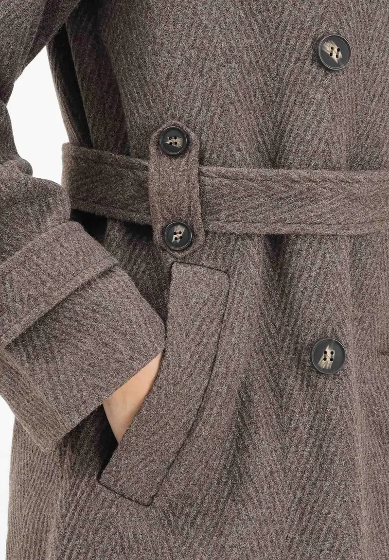 Cappotto lungo doppiopetto marrone da donna con motivo a spina di pesce miniatura 3