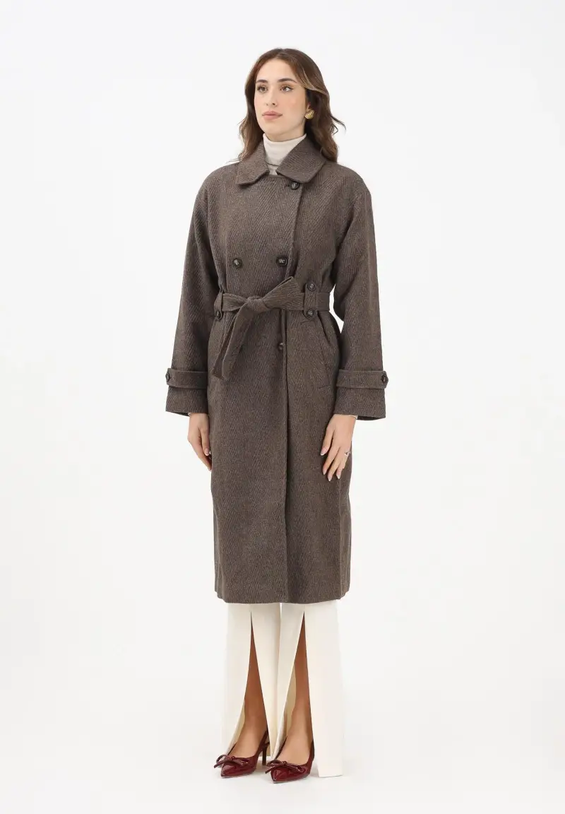 Cappotto lungo doppiopetto marrone da donna con motivo a spina di pesce