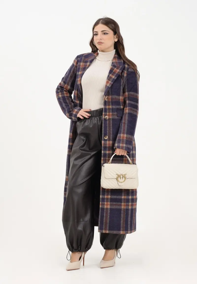 Cappotto lungo viola da donna caratterizzato da un elegante motivo a quadri miniatura 2