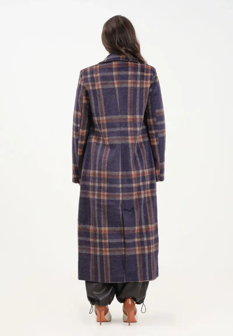 Cappotto lungo viola da donna caratterizzato da un elegante motivo a quadri miniatura 3
