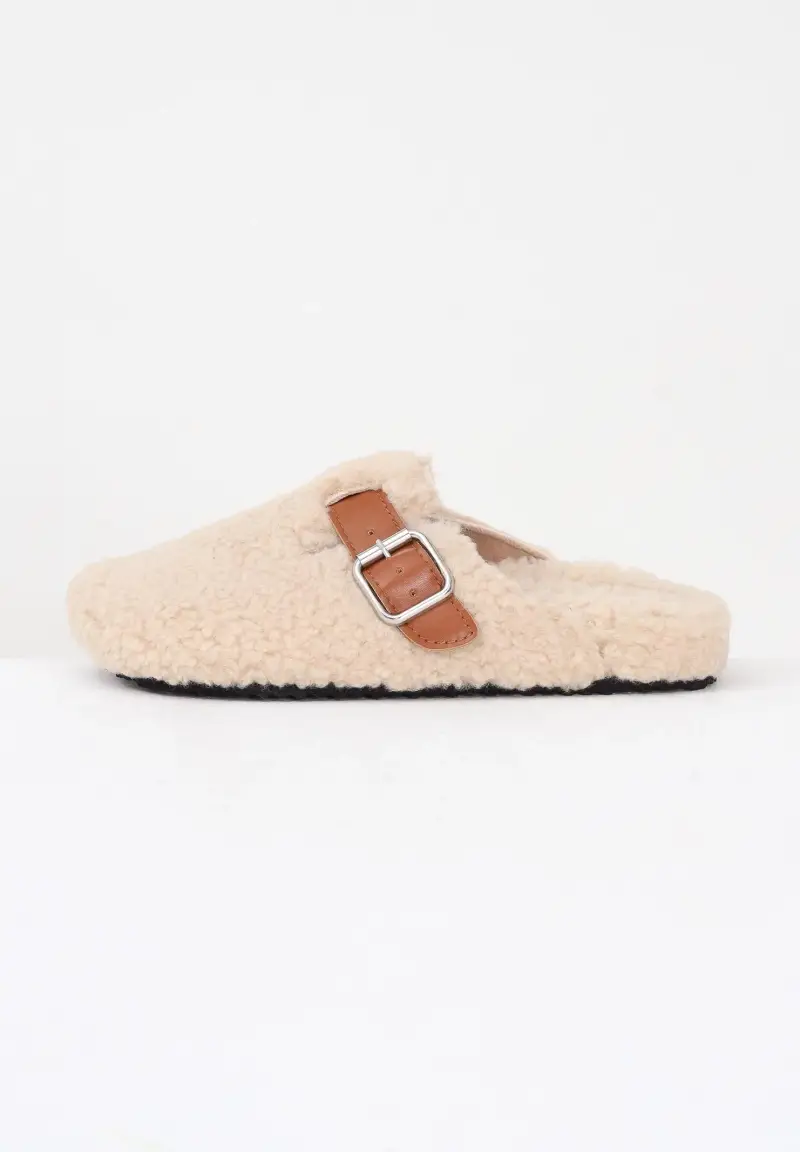 Ciabatte beige da donna in shearling sintetico