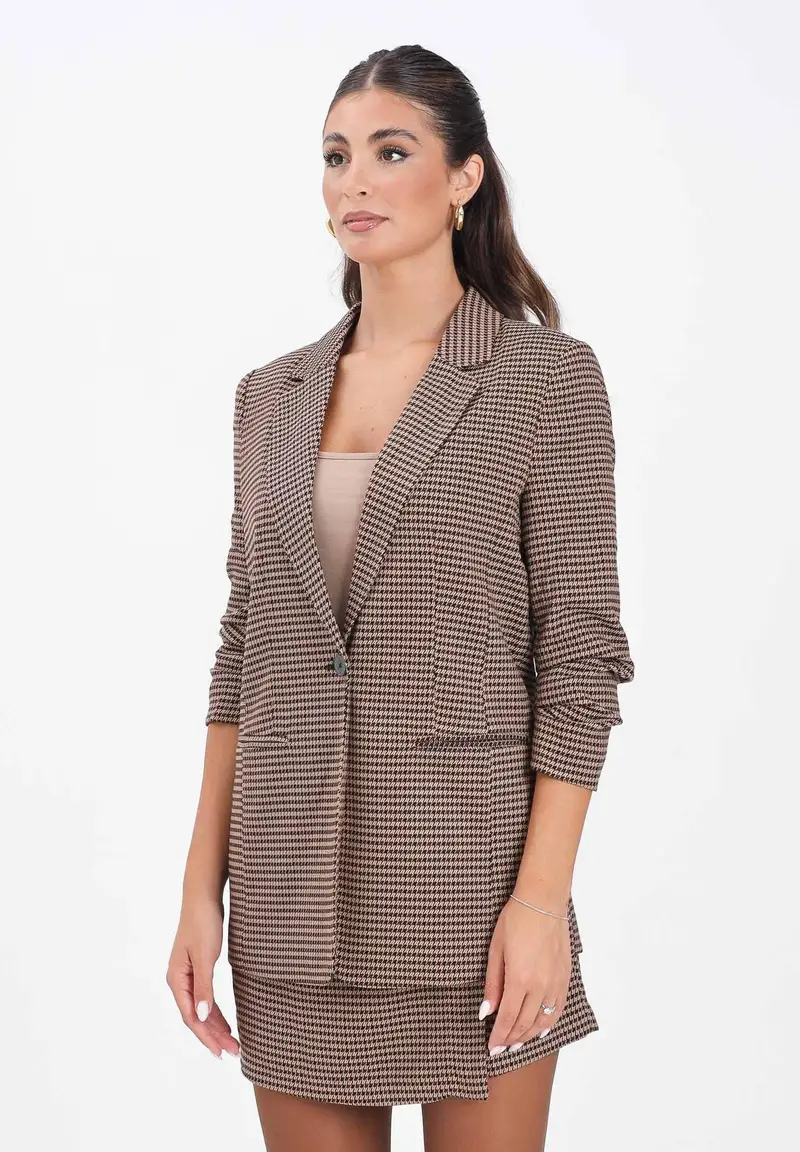 Giacca monopetto beige da donna con stampa pied de poule