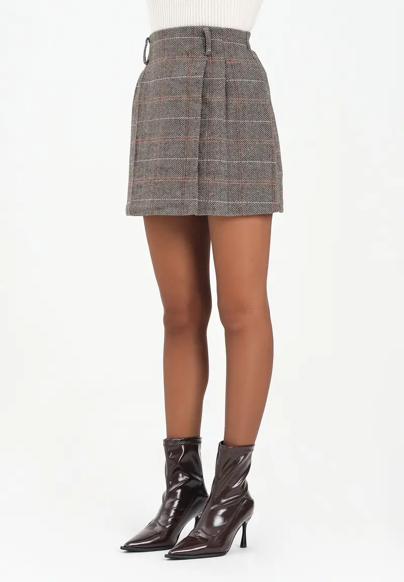 Gonna corta marrone da donna con motivo principe di Galles