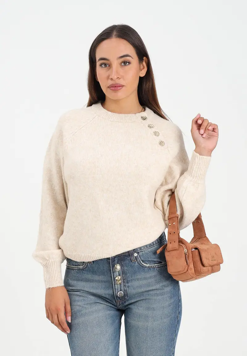 Maglioncino girocollo beige da donna con bottoni miniatura 2